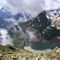 Summer view from Bel Oiseau on Emosson lake and Mont Blanc