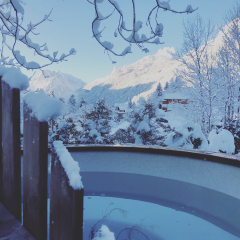 Houtgestookte hottub bij het Bekker Chalet houtgestookte hottub in de sneeuw